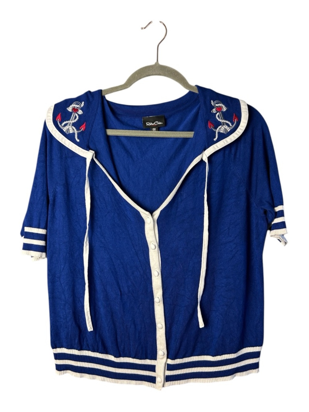 Retro Chic Torrid Size 00 M/L Blue Nautical Sailor Cardigan Anchor Embroidered - Picture 6 of 6